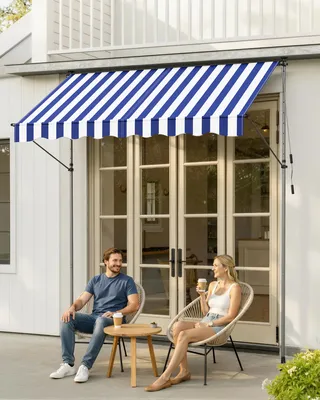 Obrázek produktu pro SONGMICS Výškově nastavitelná markýza s upínacím systémem, balkonová markýza s ruční klikou, pro terasu, zahradu, 250 x 120 cm, modro-bílá