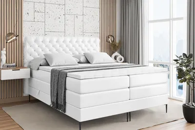 Produktbild von ALTDECOR Boxspringbett mit Schwarz Füßen, Matratze und Lattenrost, Topper, Polsterbett mit Bettkasten, Bett mit Stauraum H3- und H4- Matratze, Doppelbett -BOXI8-FC KING-140x200 - Weiß Kunstleder