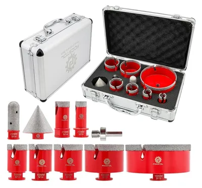 Produktbild von Diamant Fliesenbohrer Set 10 Stück (20-110mm) mit Fingerfräser, Fasenbohrer & Adapter