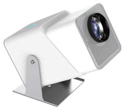 A white and gray projector on a metallic stand, shown from a diagonal angle against a white background.