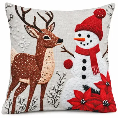 Produktbild von Kissenbezug Weihnachtskissen Dekokissen 45x45 cm Rentier Schneemann Beige Weihnachtsdeko Sofakissen