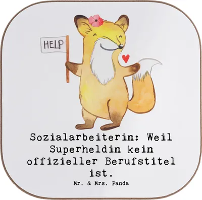 Produktbild von Mr. & Mrs. Panda Untersetzer für Gläser Sozialarbeiterin Heldin - Weiß - Geschenk, Glas, Berufspassion, Engagement, gläseruntersetzer, Getränkeuntersetzer, Beruf, Berufe