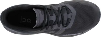 A top-down view of a black running shoe on a white background.