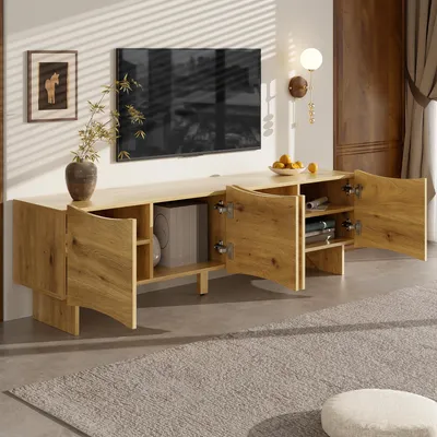 Produktbild von STILVORA TV-Schrank 155 cm – Lowboard mit Stauraum, TV-Regal mit vier Türen und Kabeldurchführungen, Fernsehbank mit Wellenmuster für das Wohnzimmer, Naturfarben