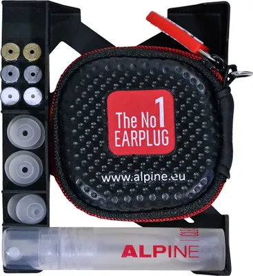 A set of Alpine MusicSafe Pro 2 earplugs with accessories displayed on a white background.