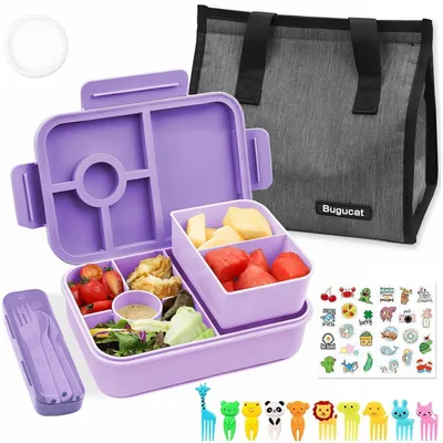 Produktbild von Brotdose Kinder mit Fächern 1300ML, auslaufsicher, mit Lunchtasche & Besteckset, lila