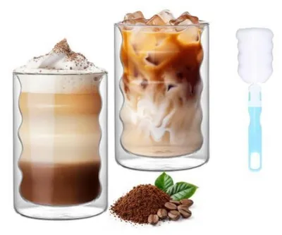 Immagine prodotto di Set di 2 bicchieri per latte macchiato, capacità 375 ml, a doppia parete, con cucchiaino e spazzola