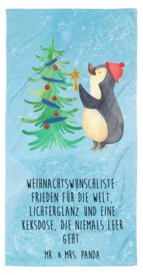 Produktbild von Mr. & Mrs. Panda Badehandtuch Pinguin Weihnachtsbaum - Eisblau - Geschenk, Strandtuch, Weihnachten, Duschtuch, Poolhandtuch, Großes, Handtuch, Winter