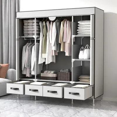 Imagen del producto de Armario de tela con cajones – 150 x 45 x 170 cm – Gris/Blanco claro, armario montado en el dormitorio