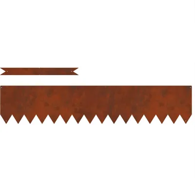 Two pieces of rusty metal edging with a saw-tooth pattern on the bottom edge, displayed against a white background.
