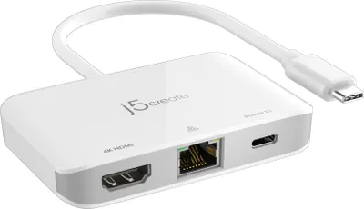 Produktbild von j5create JCA351-N USB-C®-zu-4K-HDMI™-Ethernet-Adapter, Kabelgebunden, USB 3.2 Gen 1 (3.1 Gen 1) Type-C, 100 W, USB Typ-C, Weiß, Taiwan