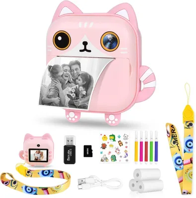Produktbild von Digitalkamera für Kinder mit Druckpapier & 32G TF Karte, farbigen Stiften, 1080P 2.4 Zoll Sofortbildkamera, Videokamera Schwarzweiß Fotokamera