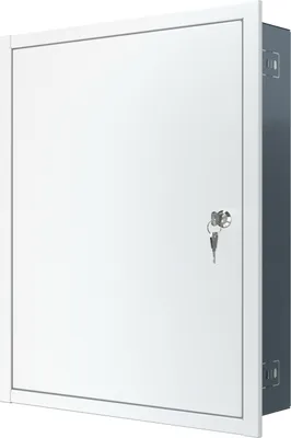 A white metal cabinet with a key lock is shown from a diagonal angle.