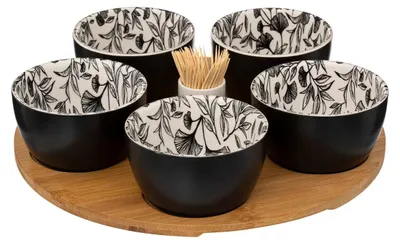 Produktbild von Servierschalen FLORAL mit einem Holztablett, 5 Schalen, 70 ml