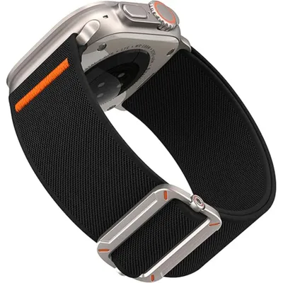Produktbild von FFO2World Elastisches Nylon Sportarmband kompatibel mit Apple Watch 49mm/46mm/45mm/44mm/42mm (Serie 3/2/1)– Dehnbares Ersatzband – Schwarz