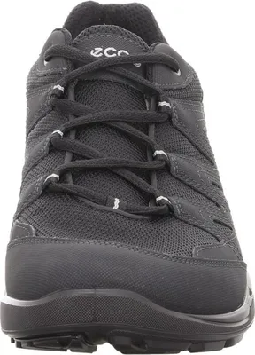 A close-up, front-facing view of a black ECCO sneaker.
