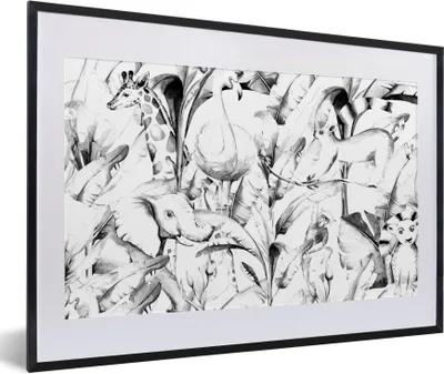 Produktbild von MuchoWow® Gerahmtes Poster Aquarellieren - Tiere - Pflanzen - Dschungel - Jungen - Mädchen - Kinder 60x40 cm - Poster mit Schwarzem Bilderrahmen Wandposter Rahmen Foto Bilder - Schlafzimmer - Plakat in Rahmen - Drucken