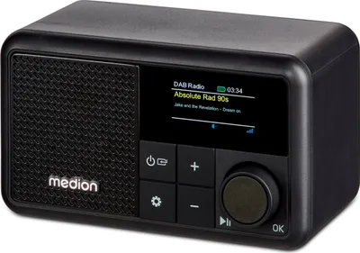 A black Medion DAB+ radio with a display and controls.