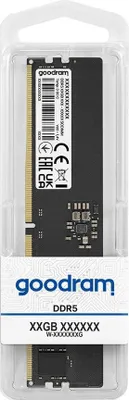 A Goodram DDR5 RAM module is shown in its clear plastic packaging.