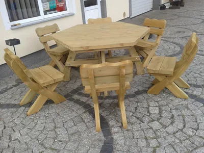 Produktbild von Massive Gartenmöbel AR-6 aus Holz – Tisch + 6 Stühle, Set für 6 Personen