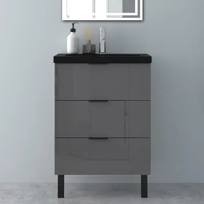 Produktbild von Badmöbel Set 60 cm Dunklegrau Hochglanz Schwarz Becken Hängeschrank mit Schrankfüße Griff Softclose selbstmontiert