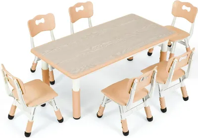 Produktbild von Kindertisch mit 6 Stühlen - Höhenverstellbar 48–60 cm - Tisch 120 x 60 cm - 7-teiliges Set - Für 2–10 Jahre - Kunststoff und Holz - Gelb