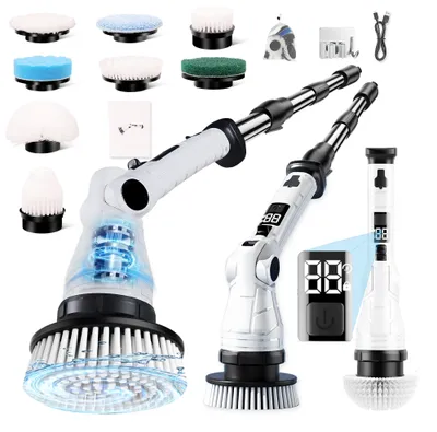 Immagine prodotto di Spazzola elettrica per la pulizia - Pulitore per fughe e pavimenti TD-8138 - Manico regolabile - 8 testine intercambiabili - Dispositivo portatile - Bianco