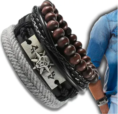 Immagine prodotto di Camerazar Set di bracciali da uomo in pelle con perline e teschio