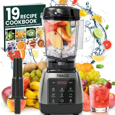 A blender with fruits and a cookbook, surrounded by splashing water and more fruits.