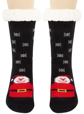 Produktbild von Kuschelsocken Herren Damen Antirutsch Warme Haussocken Geschenk Schwarz&Weihnachtsmann 2er Set