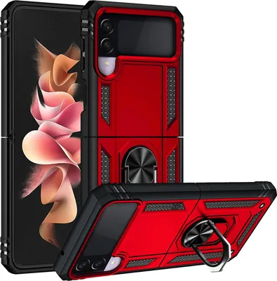 A red and black phone case with a ring stand is shown from two angles against a white background.