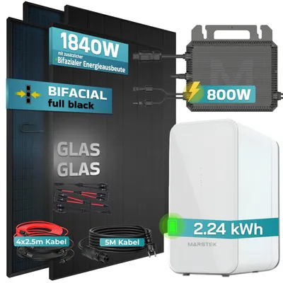 Produktbild von SUNNIVA® 1840W Balkonkraftwerk mit 2,24 kWh Speicher Marstek B2500-D, 4x 460W BIFAZIAL FULLBLACK komplett Steckdose, PV Solaranlage + Solarspeicher