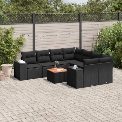 Produktbild von Design 9-tlg. Garten-Sofagarnitur mit Kissen Schwarz Poly Rattan, Gartenmöbel-Sets 2024 Neu