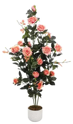 Produktbild von Künstlicher Rosenbaum - Deko Kunstpflanze im Topf - Realistische Blüten - Bodenstehend - 120 cm Höhe - Zimmerdekoration - Rosa - 1 Stück