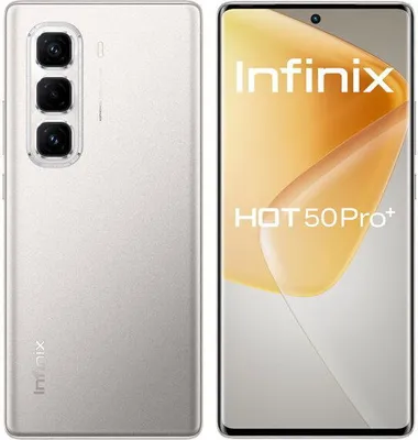 A split image showing the front and back of a white Infinix Hot 50 Pro smartphone.