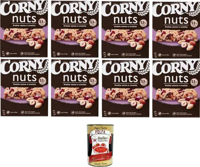 Produktbild von Corny Nuts Müsliriegel, Trockenfrüchte und Rosinen, ohne Palmöl, ohne Konservierungsstoffe, ohne Farbstoffe 8x96gr+ Italian Gourmet polpa 400g