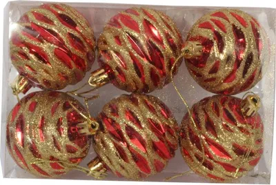Image de Lot de 6 bombes de Noël en plastique rouge avec décoration dorée