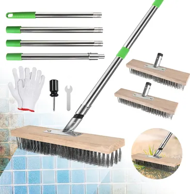 Image de 2 balais métalliques pour le jardin 30 cm avec manche (16 m) Balai en acier Balai de désherbage extérieur pour enlever les mauvaises herbes, la mousse et les taches tenaces