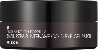 A close-up product shot of a Mizon Snail Repair Intensive Gold Eye Gel Patch container.