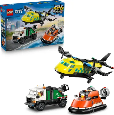A collage of a LEGO City set showing the box art and the assembled models of a helicopter, a tow truck, and a hovercraft.