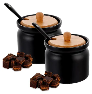 Produktbild von 2er Set Zuckerdose mit Deckel und Löffel, Holzdeckel, ca. 180 ml Gewürzdose aus Keramik für Küche und Esszimmer