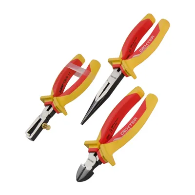 Produktbild von DEXTER - Set mit 3 isolierten Zangen - Abisolierzange - Spitzzange - Drahtschneidezange-  max 1000 V - Ergonomischer Griff