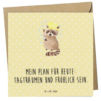 Produktbild von Mr. & Mrs. Panda Grußkarte Waschbär - Gelb Pastell - Geschenk, Fröhlich, Glückwunschkarte, Tagträumen, Seifenblasen, Plan, Lustige Sprüche, Klappkarte, Waschen, faltkarte