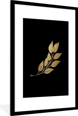 Produktbild von MuchoWow® MuchoWow® Gerahmtes Poster Blätter - Gold und Schwarz - Zweig 60x90 cm - Poster mit zchwarzem Bilderrahmen - Dekoration - Wandposter Wohnzimmer - Hochwertig