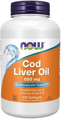 Obrázek produktu pro Olej z tresčích jater 650 mg 250 měkkých kapslí Now Foods