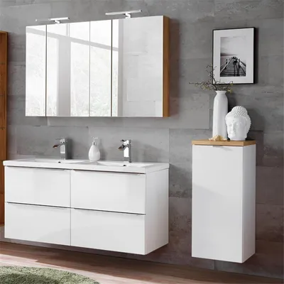 Produktbild von Badmöbel Set mit Doppel-Waschtisch aus Keramik TOSKANA-56 Hochglanz weiß, Wotaneiche BxHxT ca. 175/190/46cm