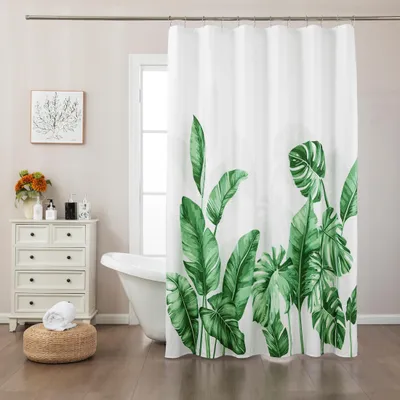 Image de Rideau de douche avec anneaux, 200 cm de haut x 180 cm de large, rideau de salle de bain hydrofuge à motif de feuilles, rideau de salle de bain en polyester lavable