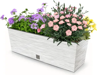 Produktbild von Blumenkasten Meißel Balkonkasten Pflanzkasten Weiß L 58 cm mit Topf Einsatz Pflanzkübel Einzigartiger Blumentopf Kunststoff