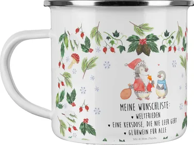 Produktbild von Mr. & Mrs. Panda Tasse Emaille Pinguin Wunschliste - Weiß - Geschenk, Weihnachten, Haferl, Teetasse, Pott, emaillebecher, Kaffeepott