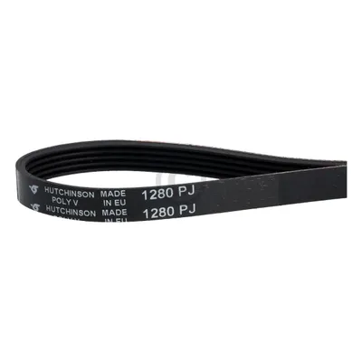 A black V-ribbed belt with text printed on it.